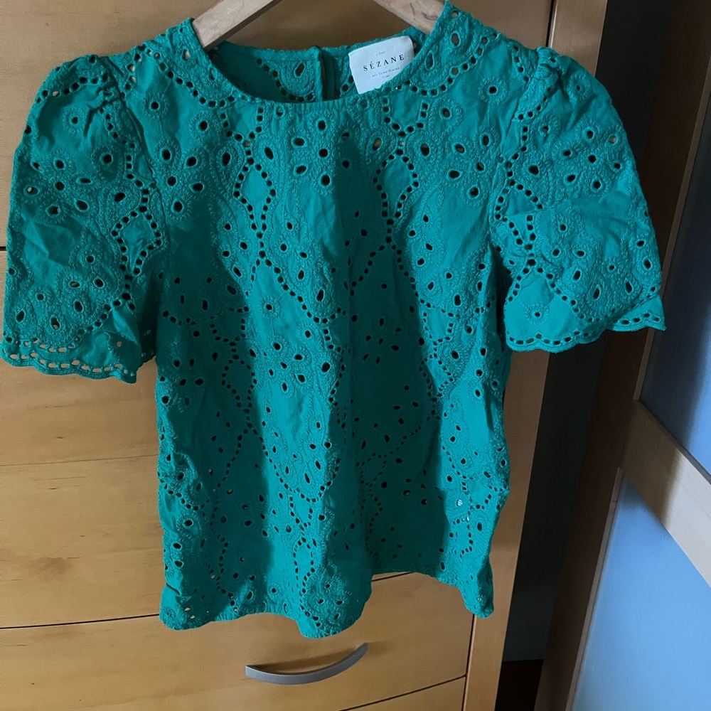 Sezane Green Eyelet Blouse